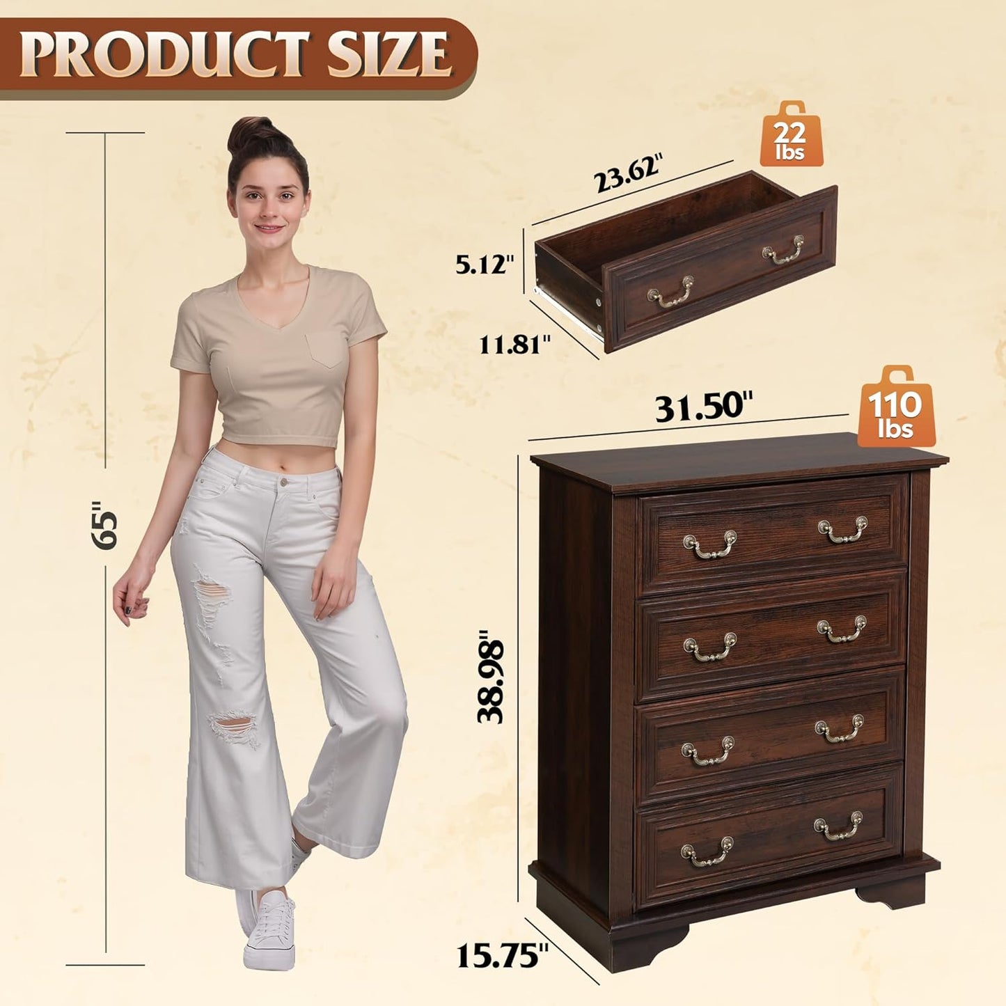 WLIVE Farmhouse Dresser for Bedroom, Tall Wood Dresser with 4 Drawers, Chest of Drawers with Roman Metal Handle for Living Room, Hallway, Closet, Rustic Brown