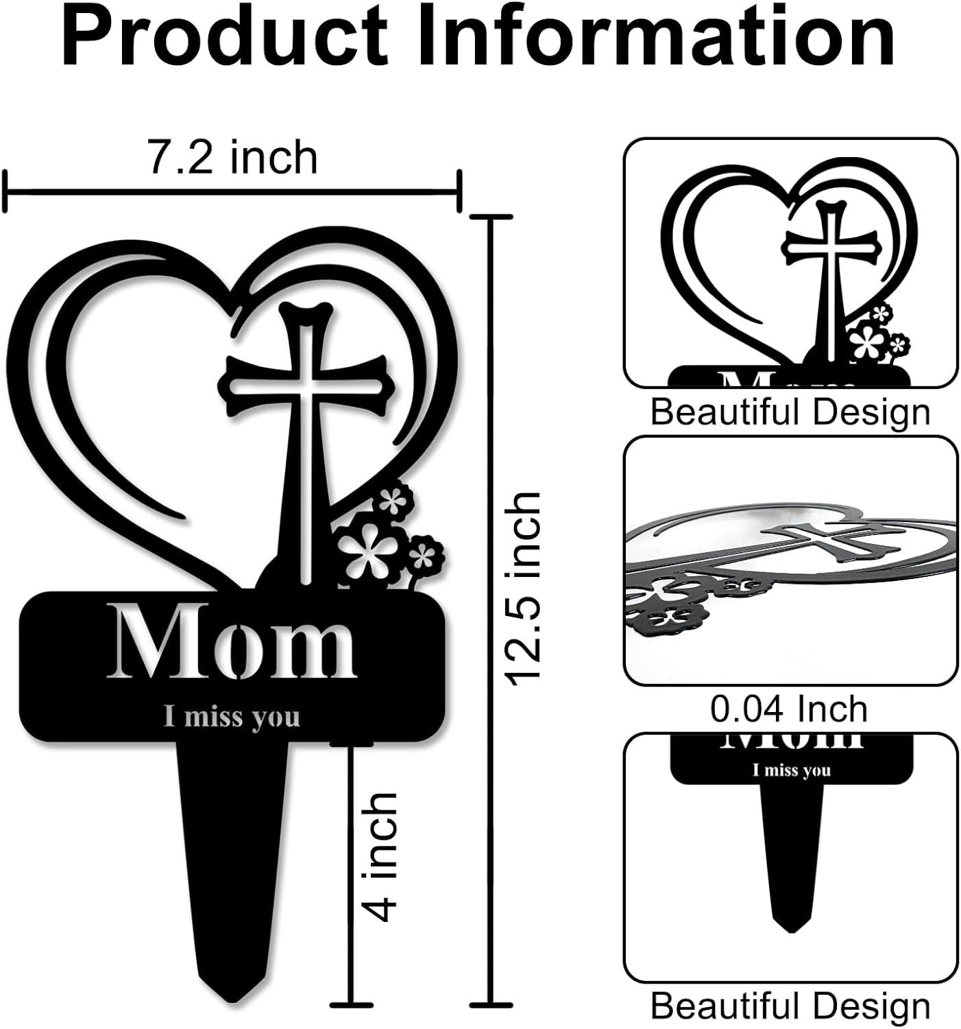 Mom Memorial Grave Stake, Cemetery Decorations for Grave Markers 12.5 x 7.2 inch Heart Metal Sympathy Stakes Graveside Plaque Decor Sign for Mother Graves, Yard, Garden - Black-Mom