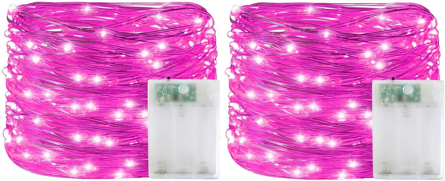 YAOZHOU Valentines Day Pink Decorations Fairy String Lights, Battery Operated with Timer, 2 Pack 33FT 100 Led Mini Battery Powered Lights, Mason Jar Waterproof Firefly Christmas Lights DIY Party