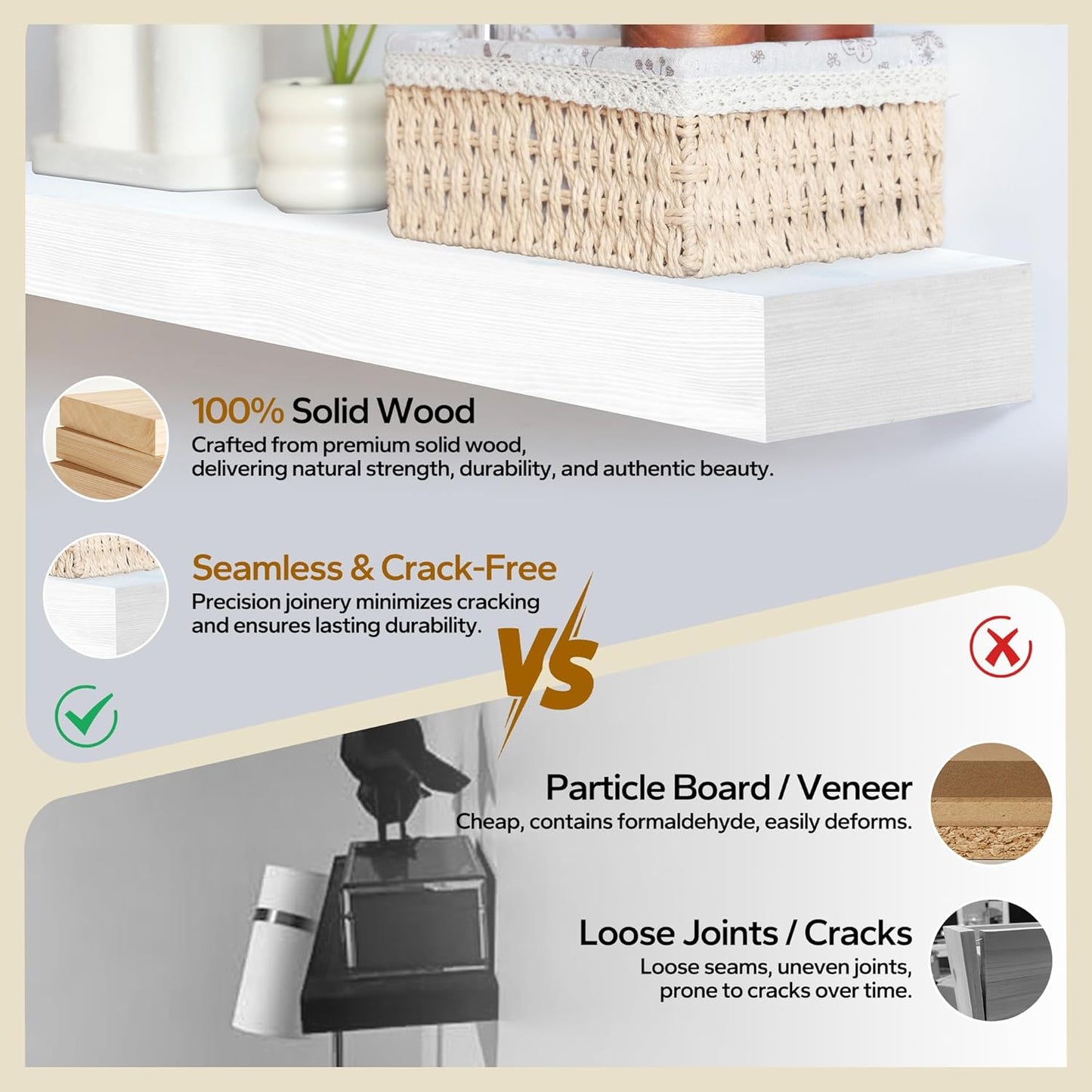 Floating Shelves 3 inch Thick for Wall Set of 2,Solid Pine Wood Wall Mount Shelf for Kitchen Living Room Bedroom Bathroom,8" D x 60" L x 3" H-White