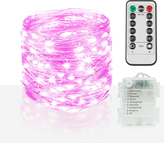 suddus Pink Christmas Fairy Lights Battery Operated Outdoor Waterproof, 66ft 200 Led String Lights with Remote, Twinkle Lights for Bedroom, Dorm, Tapestry, Party Decorations