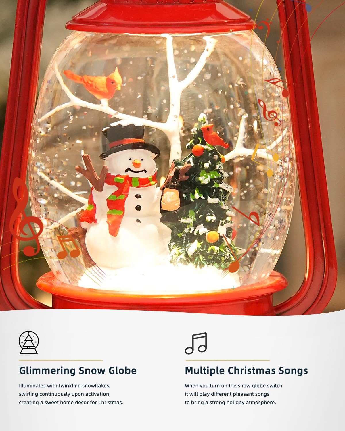 Musical Lighted Red Snowman Snow Globe Lantern with Swirling Glitter, USB & Battery Operated, 6H Timer, Classic Resin Christmas Decor & Gifts