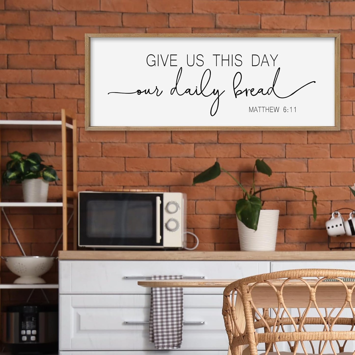 SRSZHIYUE Give Us This Day Our Daily Bread Sign Wall Decor Art 40"×15" Matthew 6:11 Dining Room Kitchen Large Wood Framed Wall Hanging (Wood)