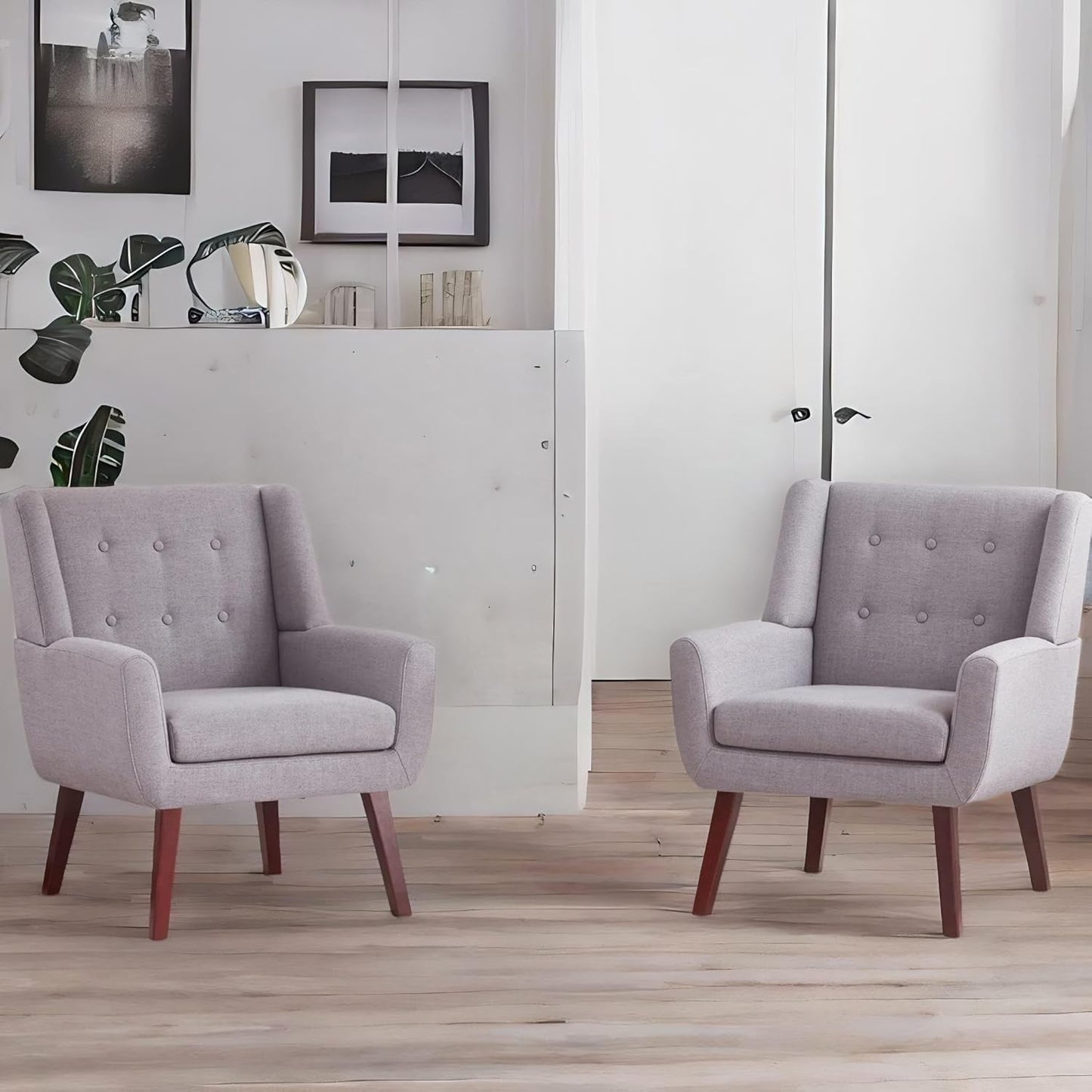 HUIMO Button-Tufted Accent Chairs Set of 2,Upholstered Reading Living Room Chair,Mid Century Modern Chair with Linen Fabric, Club Chair,Comfy Arm Chairs for Living Room,Bedroom,Light Grey