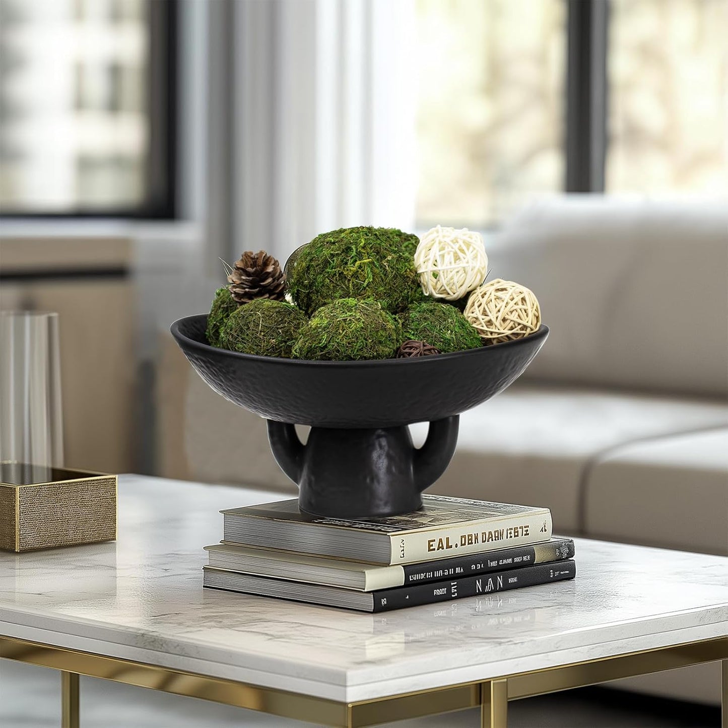 NAHARO Elegant Black Ceramic Bowl with Moss Ball Set-10 Decorative Bowl with 16pc Decorative Balls for Farmhouse Table Centerpiece, Living Room or Home Decor