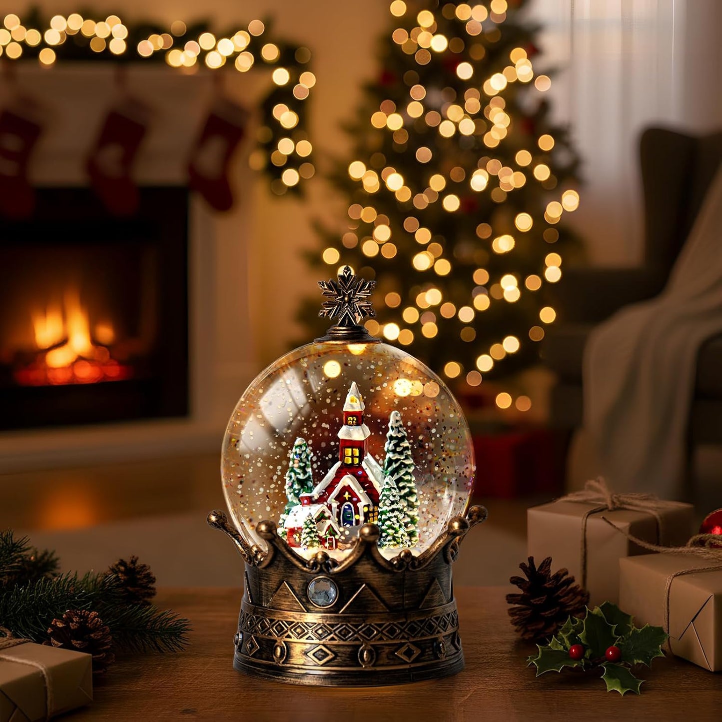 Christmas Snow Globe Lantern Water Glittering Churche Crown with Music, USB Lined/Battery Operated Lighted Lantern for Christmas Festival Decoration Gifts