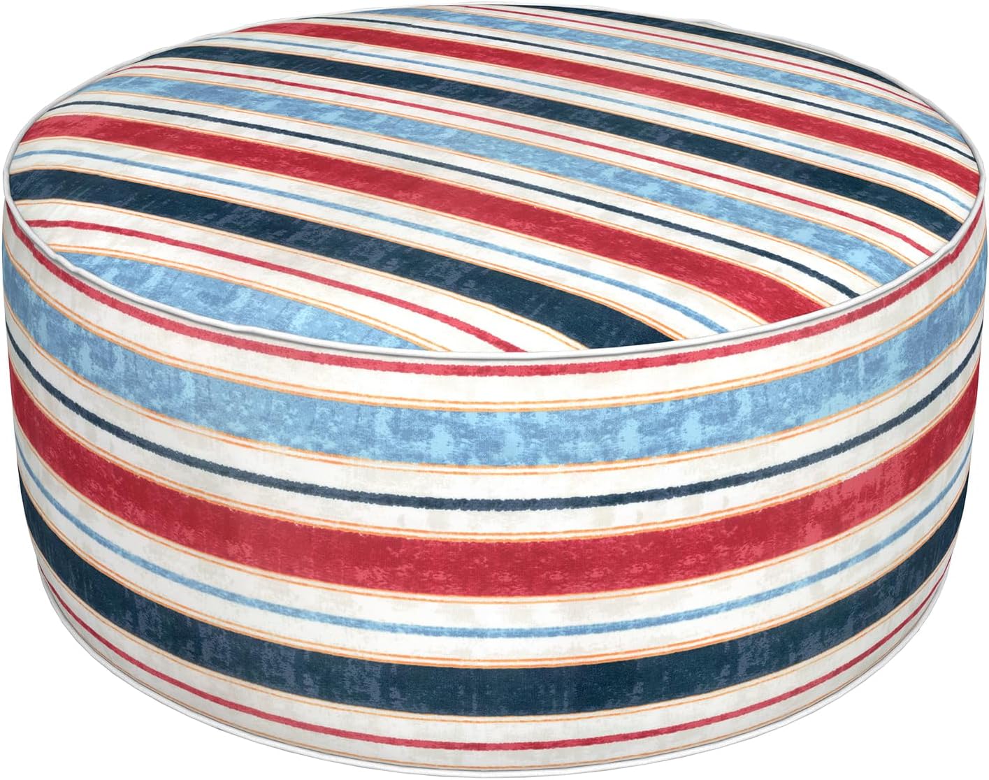 Inflatable Ottoman Stool D31 xH14 for Outdoor/Indoor Use, Water Repellent Patio Foot Rest Stool with Portable Handle,Round Pouf Ottoman Suitable for Garden,Deck and Camping - Stripe Red Blue