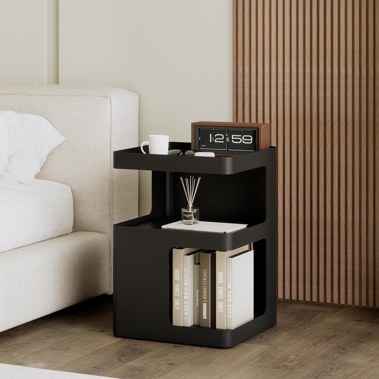 Modern Side Table,Small end Tables for Small Spaces,Black Metal nightstand,Bedside Tables,Accent Table with Storage for Couch, Bedroom,Living Room.No Assembly Required