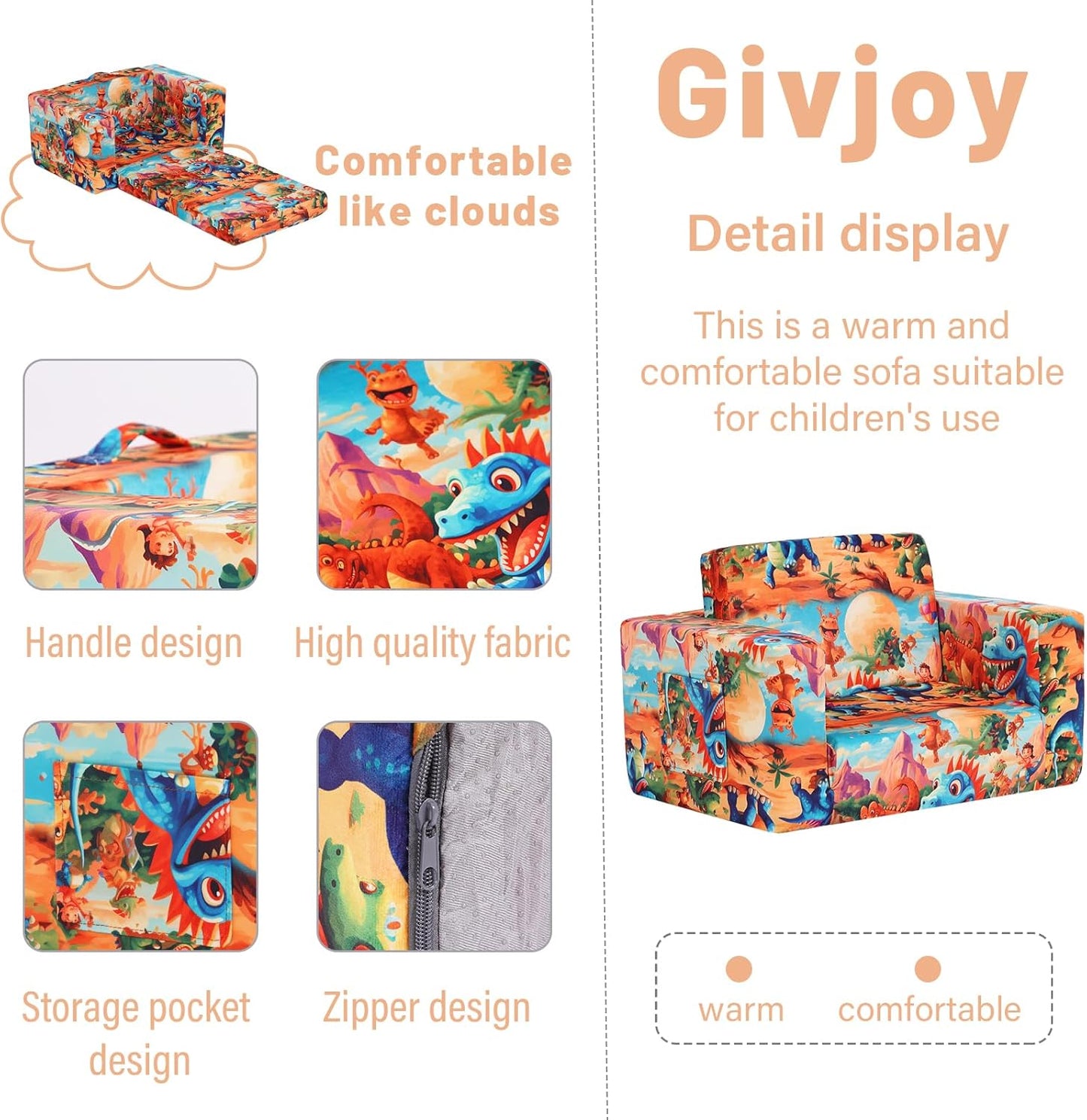 Toddler Chair Kids Couch, 2-in-1 Toddler Soft Sherpa Couch Fold Out Armchair with Removable Cover, Convertible Reading Chair Toddler Sofa for Kids, Orange Dinosaur