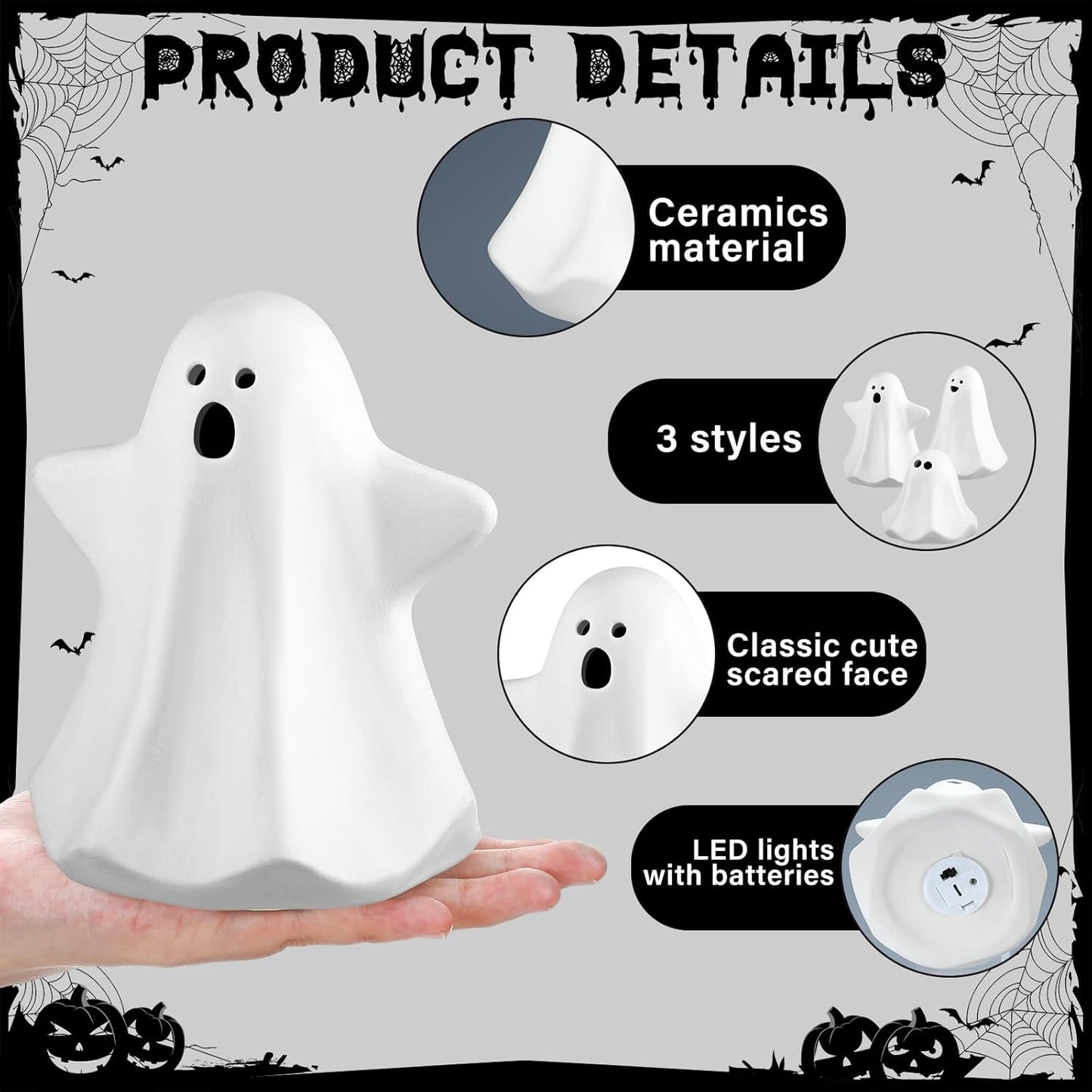 Domensi 9 Pcs Halloween Ceramic Ghost Figurines with LED Lights, Large 5.12 White Spooky Ghost Sculpture Statue Cute Halloween Miniatures for Gifts Centerpiece Table Mantel Collections Decorations