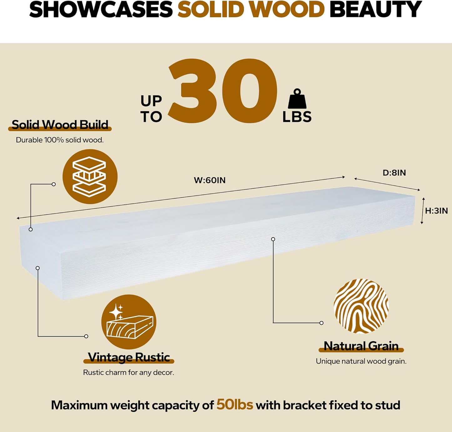 Floating Shelves 3 inch Thick for Wall Set of 2,Solid Pine Wood Wall Mount Shelf for Kitchen Living Room Bedroom Bathroom,8" D x 60" L x 3" H-White