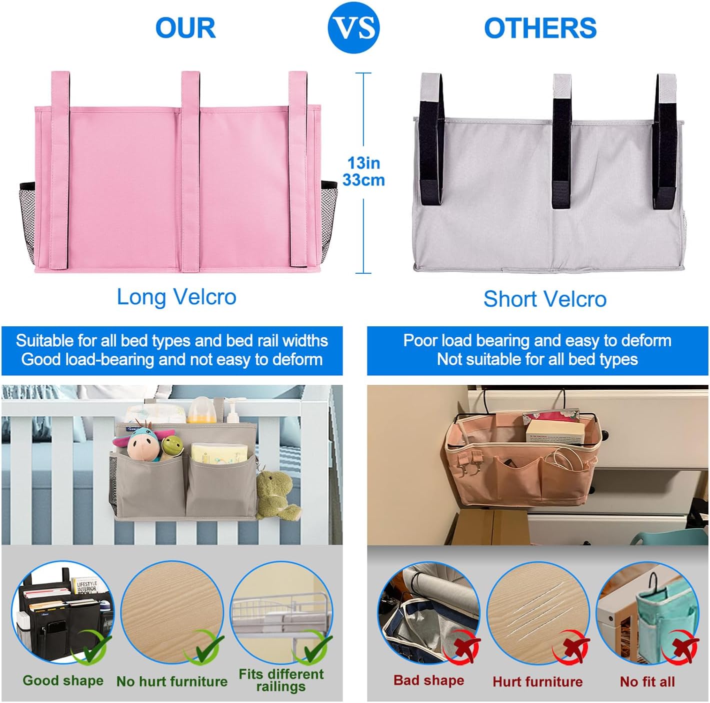 Surblue Caddy Hanging Organizer Bedside Storage Bag for Bunk and Hospital Beds, Pink, L