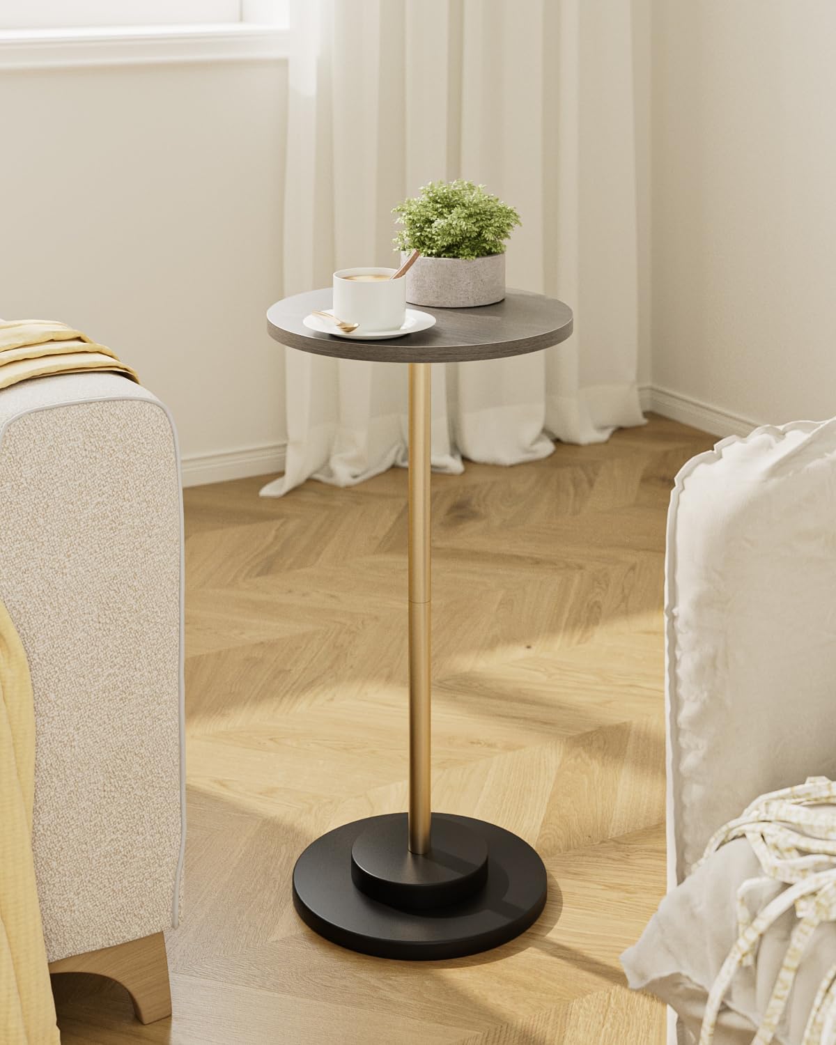 Masupu Drink Table, Round Side Table for Small Spaces, Pedestal Side Table, Small End Table with Metal Base, for Living Room, Bedroom, Bathroom, Grey