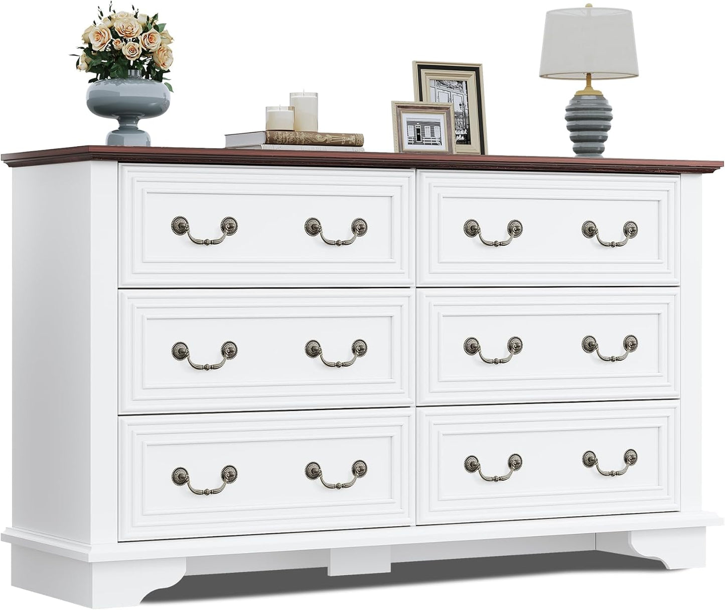 WLIVE Farmhouse Dresser for Bedroom, 51.97'' Wide Wood White Dresser with 6 Drawer, Chest of Drawers with Roman Metal Handle, TV Stand for 60 inch TV, for Living Room, Hallway