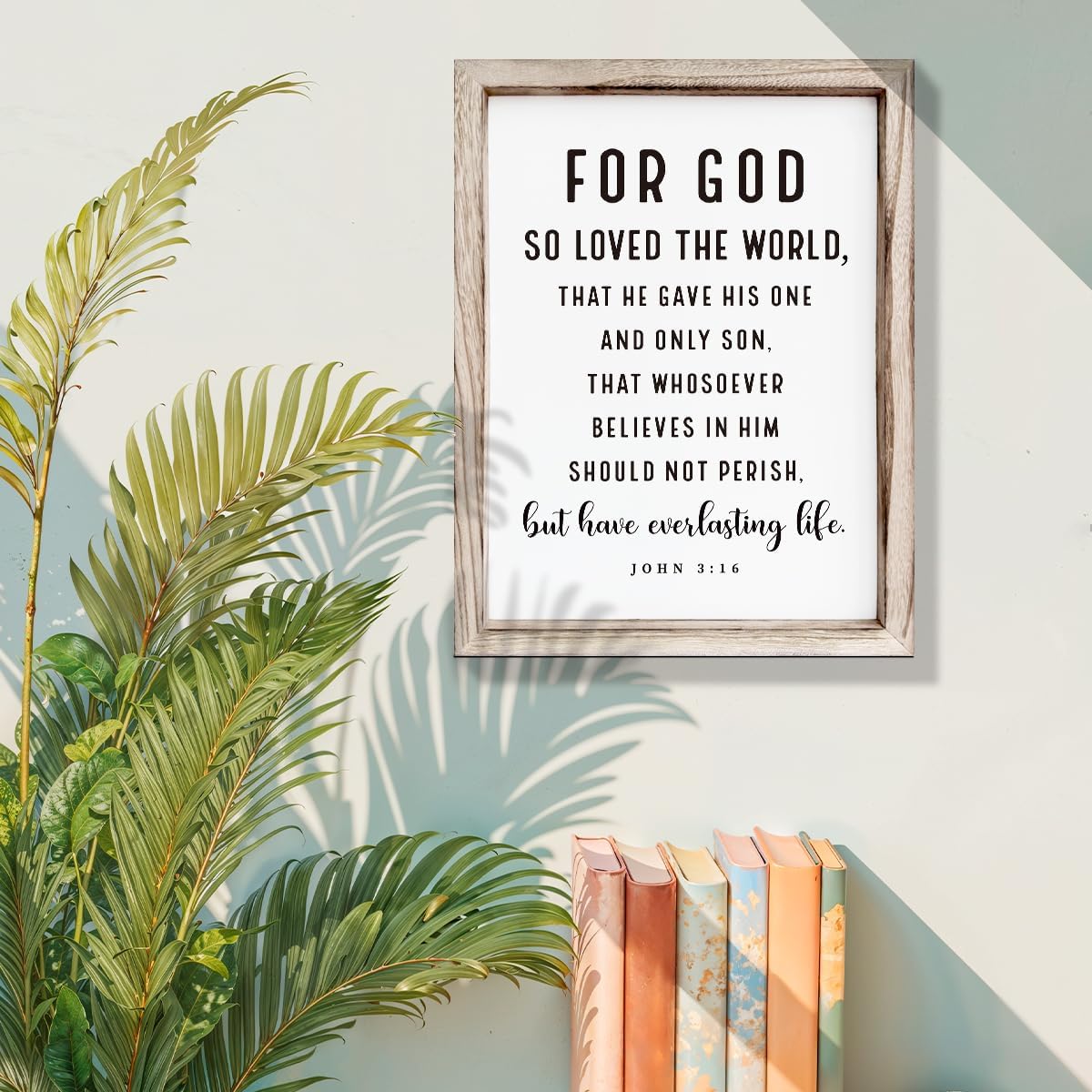 Christian Wooden Sign, Living Room Decors, Bible Verse Decor, Rustic Home Decor, Religious Artwork for Wall, Framed Wall Plaque Sign 15 * 11.5 inches, For God So Loved the World