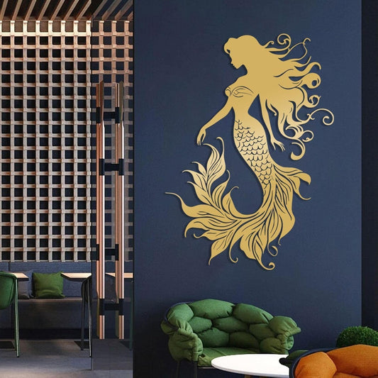 Veplsur Mermaid Metal Wall Art, Metal Mermaid Wall Decor, Marine Biology Wall Decor, Ocean Wall Art, Nautical Wall Hanging, Beach Hanging for Bathroom Bedroom (Gold, 30"x21"|76x54cm)