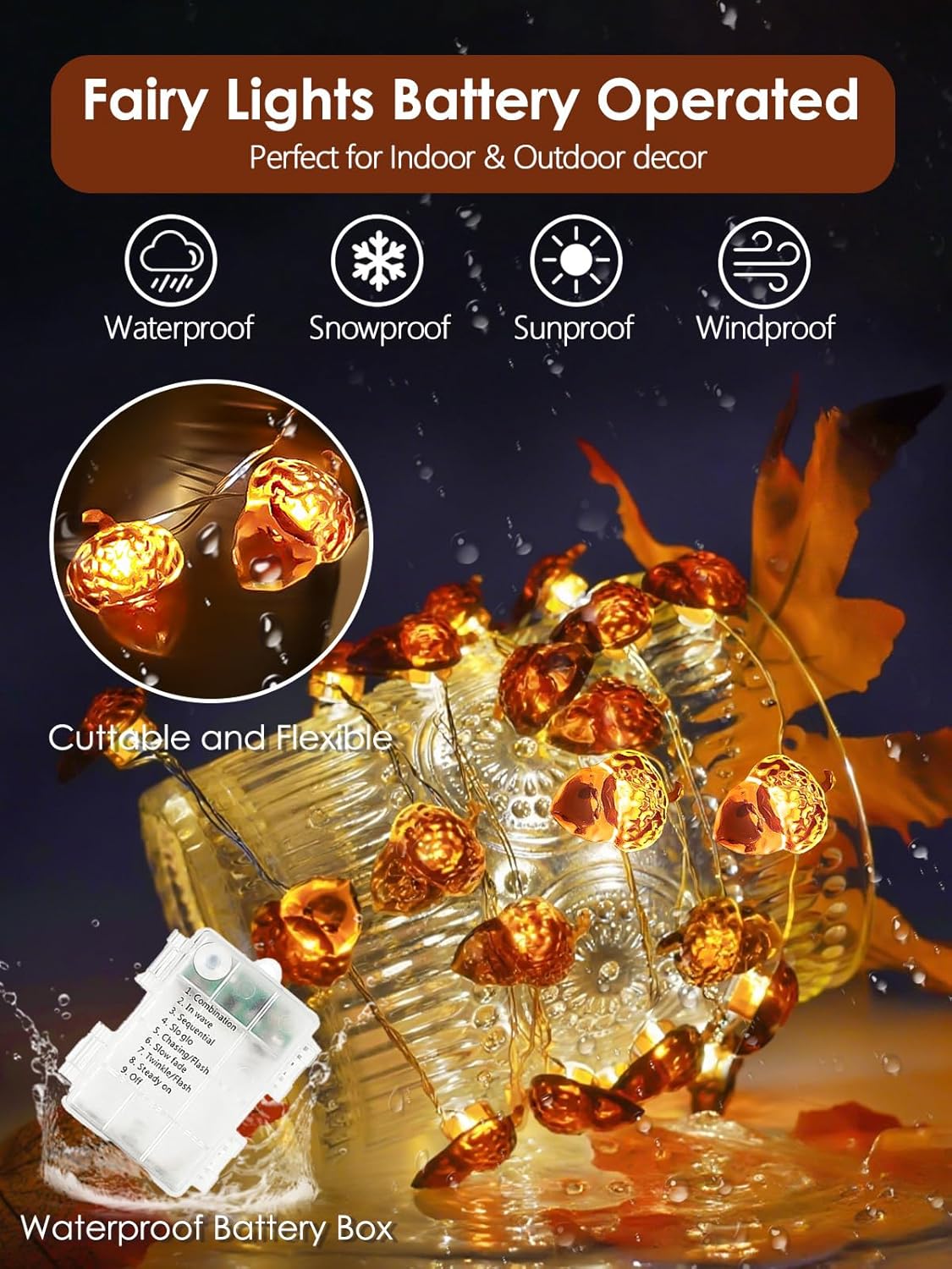 Fall Decorations Acorn Fairy Lights Battery Operated with Remote & 8 Modes & Timer, 10ft 30LED Acorn Fall Lights String Harvest Decoration Outdoor Indoor Light for Garland Halloween Thanksgiving Decor