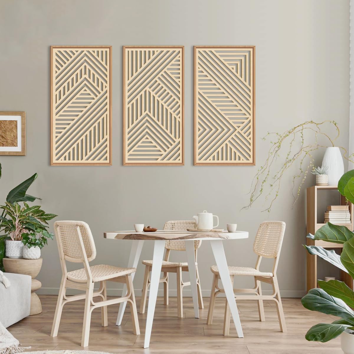 IARTTOP 3 Pieces Wood Boho Wall Art Framed Mid century Modern Wooden Wall Decor Large Minimalist Geometric Line Decor for Living Room Bedroom Office-16 x32