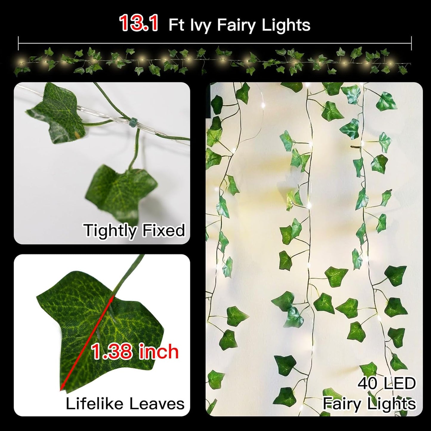 suddus Vine with Fairy Lights Battery Operated, 13.1ft 40 LED Ivy String Light with Remote, Leaf Lights for Bedroom, Room, Wall, Garden, Party, Wedding Decor (Warm White)