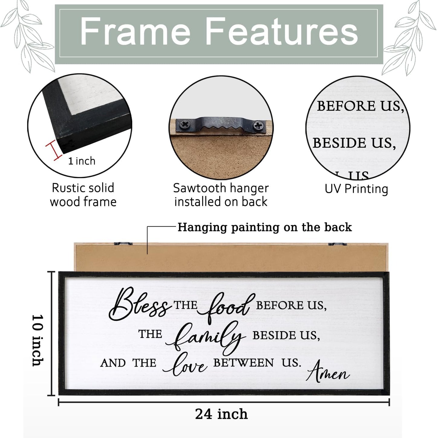 Bless the Food Before Us Wall Decor Art 24"X10" for Dining Room Kitchen Wall Wooden Framed Sign (Black)