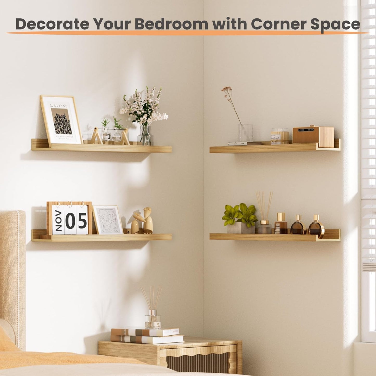 upsimples Floating Shelves for Wall, Wood Mounted Shelf Decor Storage Set of 6, for Bedroom, Living Room, Bathroom, Kitchen, 23.6 inch Long Picture Ledge, Natural