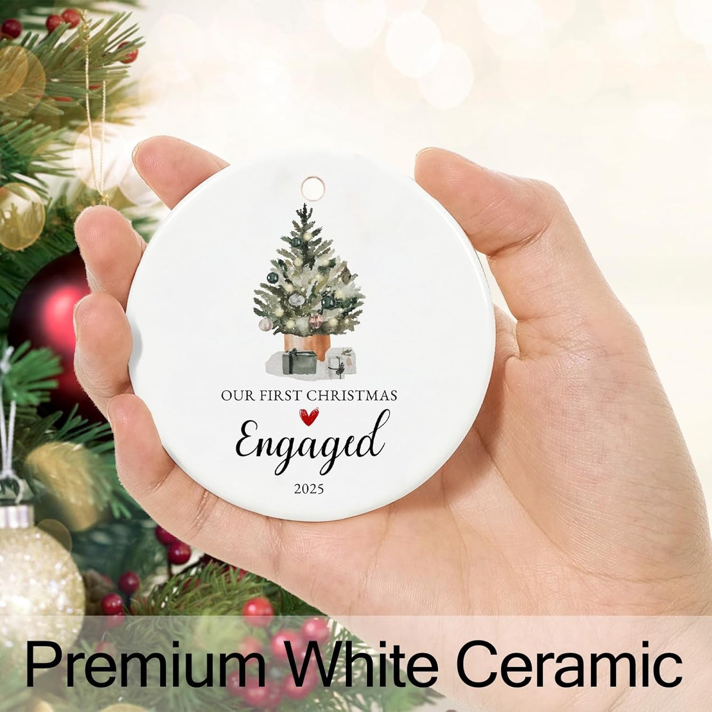 Our First Christmas Engaged Ornament 2025,Just Engaged Gifts for Couple, Ceramic Keepsake Engagement Ornaments 2025 with Ribbon and Gift Box
