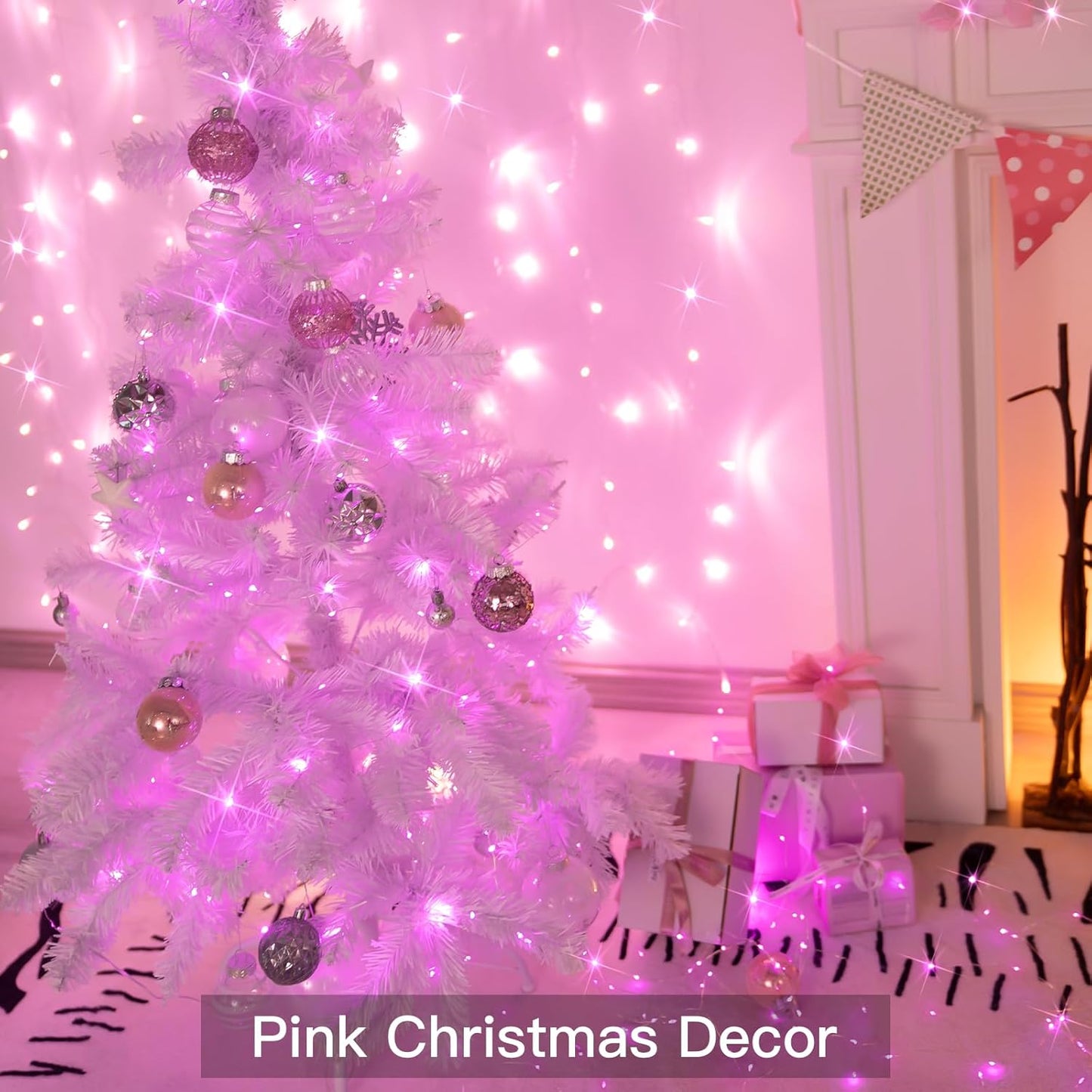 suddus Pink Christmas Fairy Lights Battery Operated Outdoor Waterproof, 66ft 200 Led String Lights with Remote, Twinkle Lights for Bedroom, Dorm, Tapestry, Party Decorations