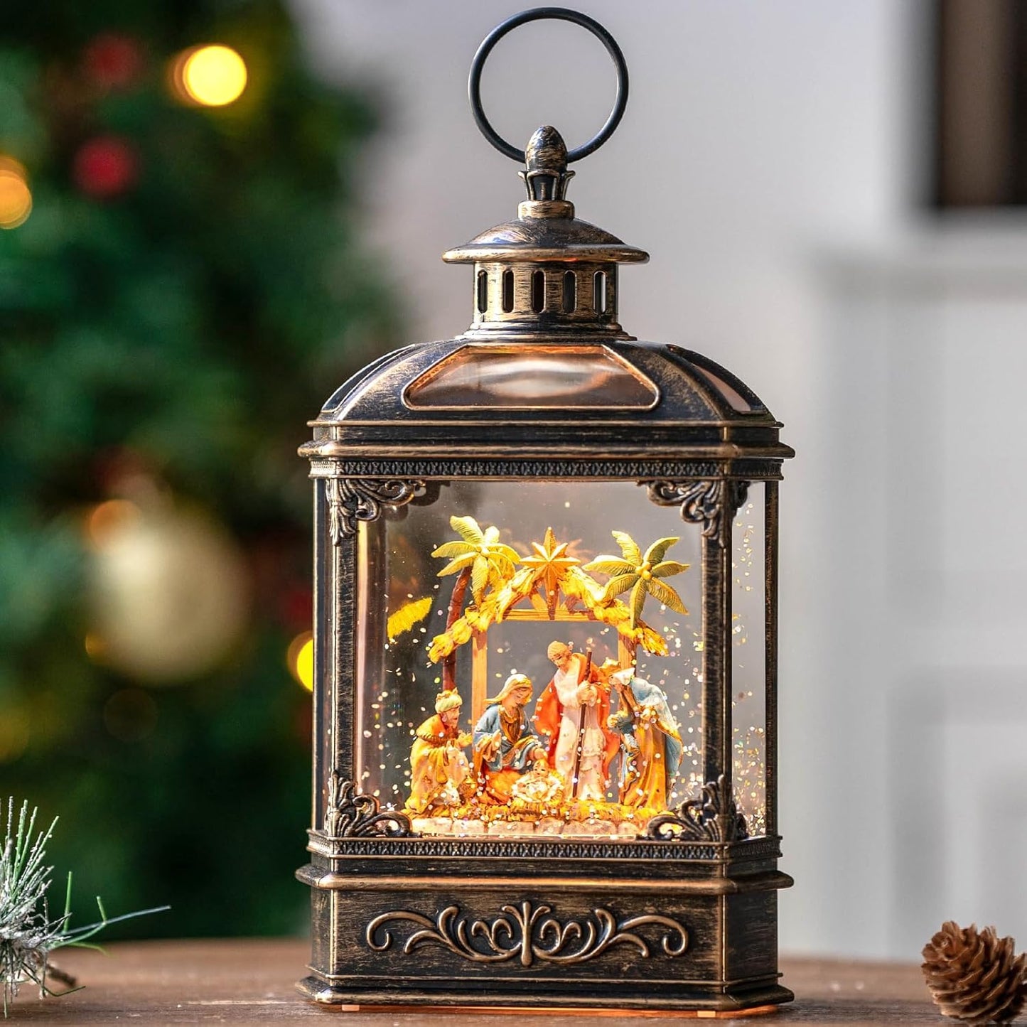 Christmas Snow Globe Swirling Glittering Nativity Scene with Music, USB Lined/Battery Operated Lighted Water Lantern for Christmas Festival Decoration Gifts