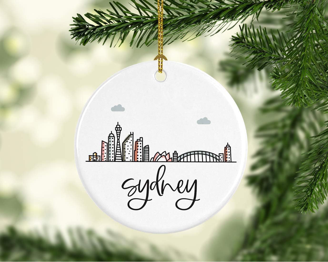Andaz Press Round Ceramic Porcelain Christmas Tree Ornament Keepsake Gift, Sydney, Colorful International City Skyline Graphic, 1-Pack, Birthday Ideas Family Coworker Him Her, Gift Box