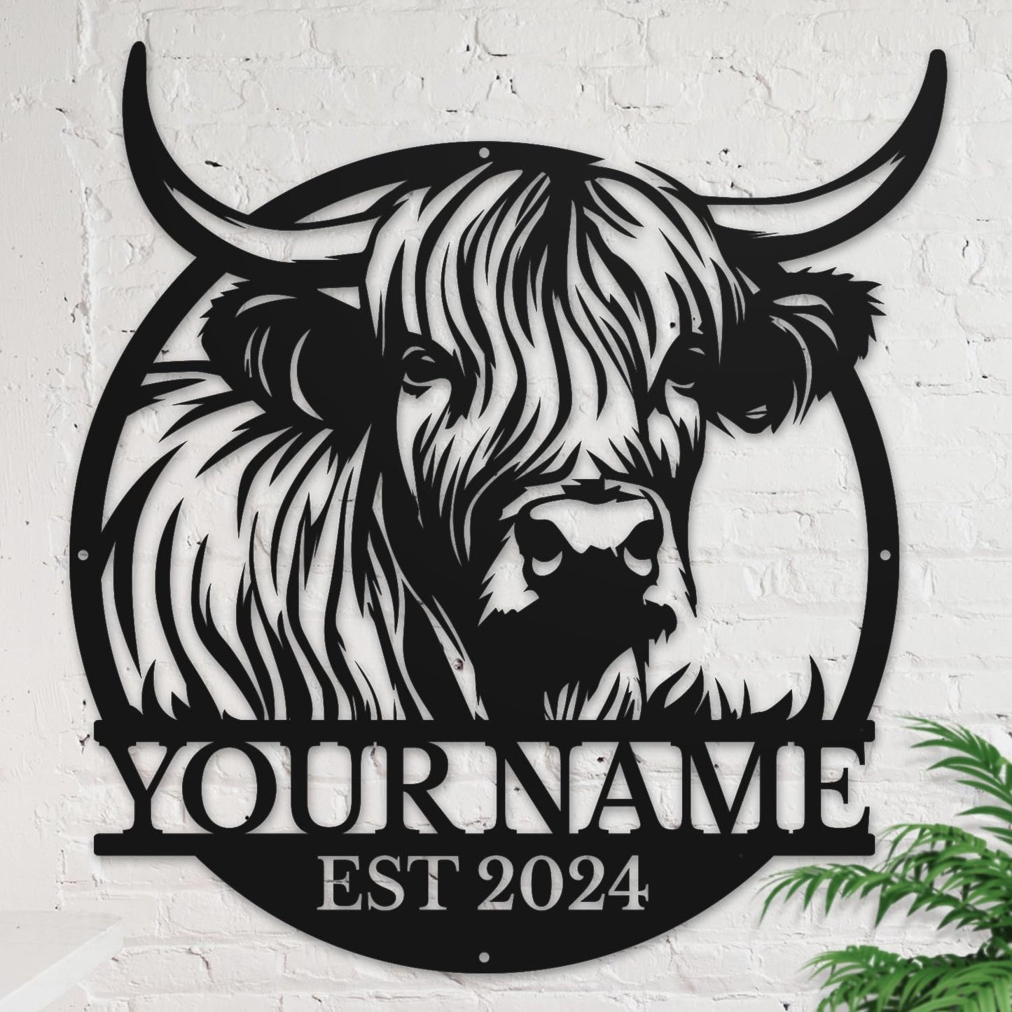 Personalized Highland Cow Name metal Signs,Custom Highland Cow Metal Shed Wall Decor,Black Metal Wall Art Plaques Outdoor wall Decorative Signage (Style F)