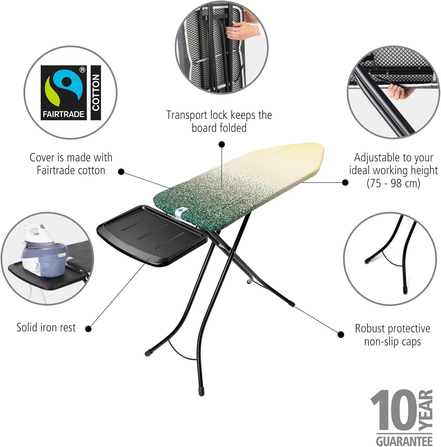 Brabantia - Ironing Board C - Extra Large Steam Unit Holder - Adjustable in Height - Non-Slip Rubber Feet - 100% Fair Trade Cotton Cover with Foam Layer - Foldable XL Unit - New Dawn - 49 x 18 inches