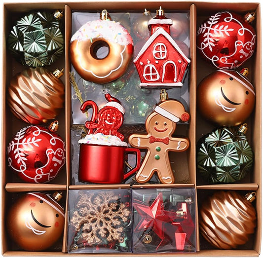 Gingerbread Man Christmas Tree Ball Ornaments Set - 72 ct Red Green Copper Gold Plastic Shatterproof Hanging Ornaments for Xmas Tree Indoor Outdoor Holiday Party Decorations