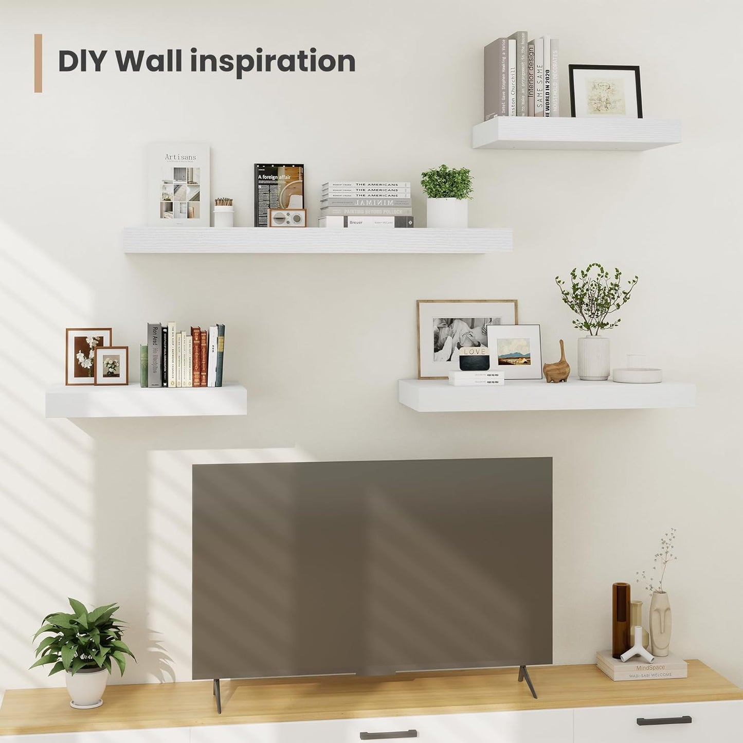 Heimlove 12" Deep Floating Shelves, 36 x 12 Inch Wall Mounted Long Floating Shelf with Invisible Brackets, for Home Decor, Bedroom, Kitchen, Living Room, Bathroom - 2 Pack, White