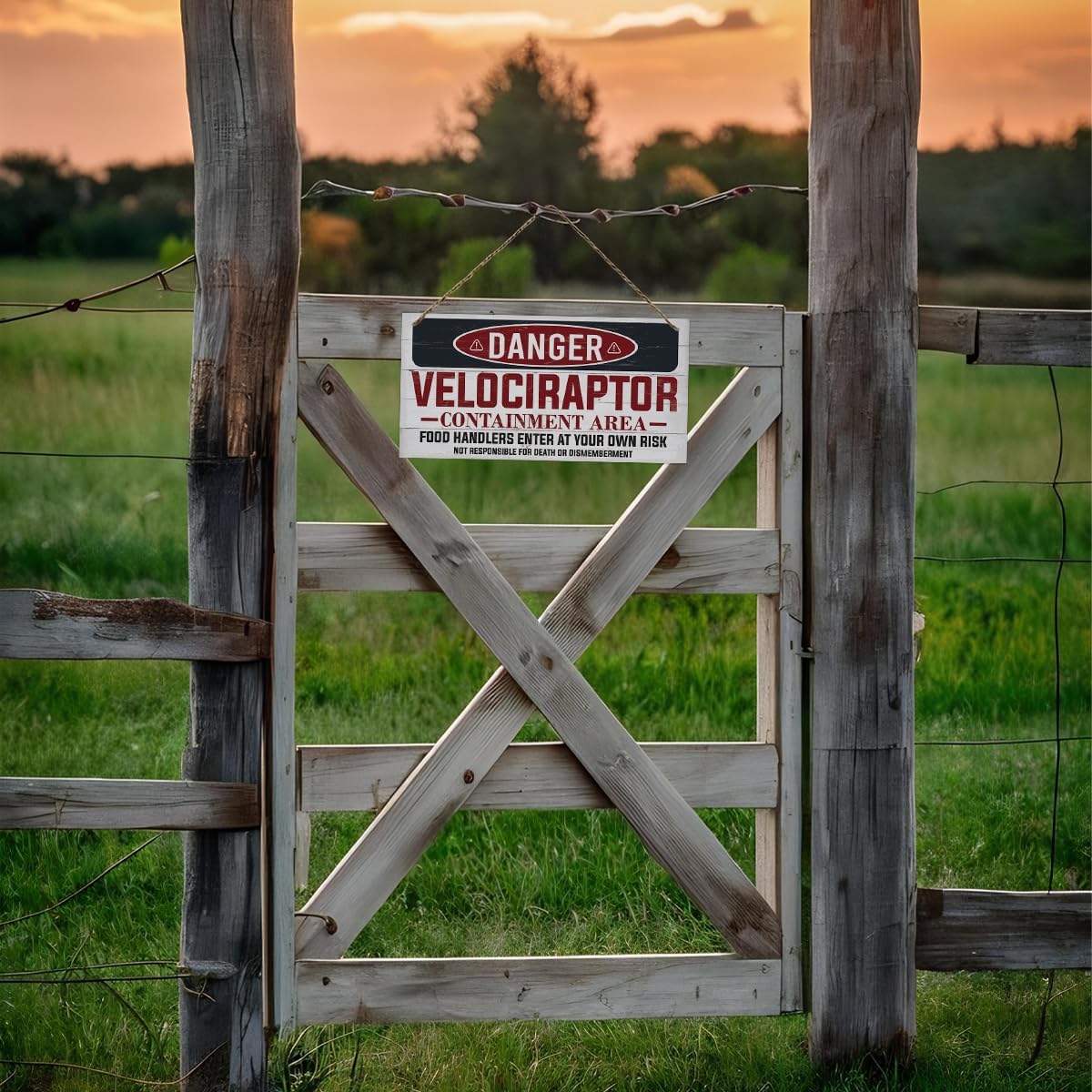 Warning Velociraptor Containment Area Sign, Danger Dinosaur Park Decor, Decorative Hanging Wood Plaque, Farmhouse Indoor Outdoor Decor, Door Gate Hanger, Novelty Sign