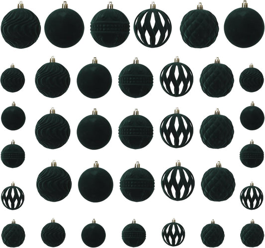 Senjie 2025 Velvet Christmas Ball Ornaments Sets 36pcs Flocked Christmas Ornaments Assortment Decor for Xmas Deep Green