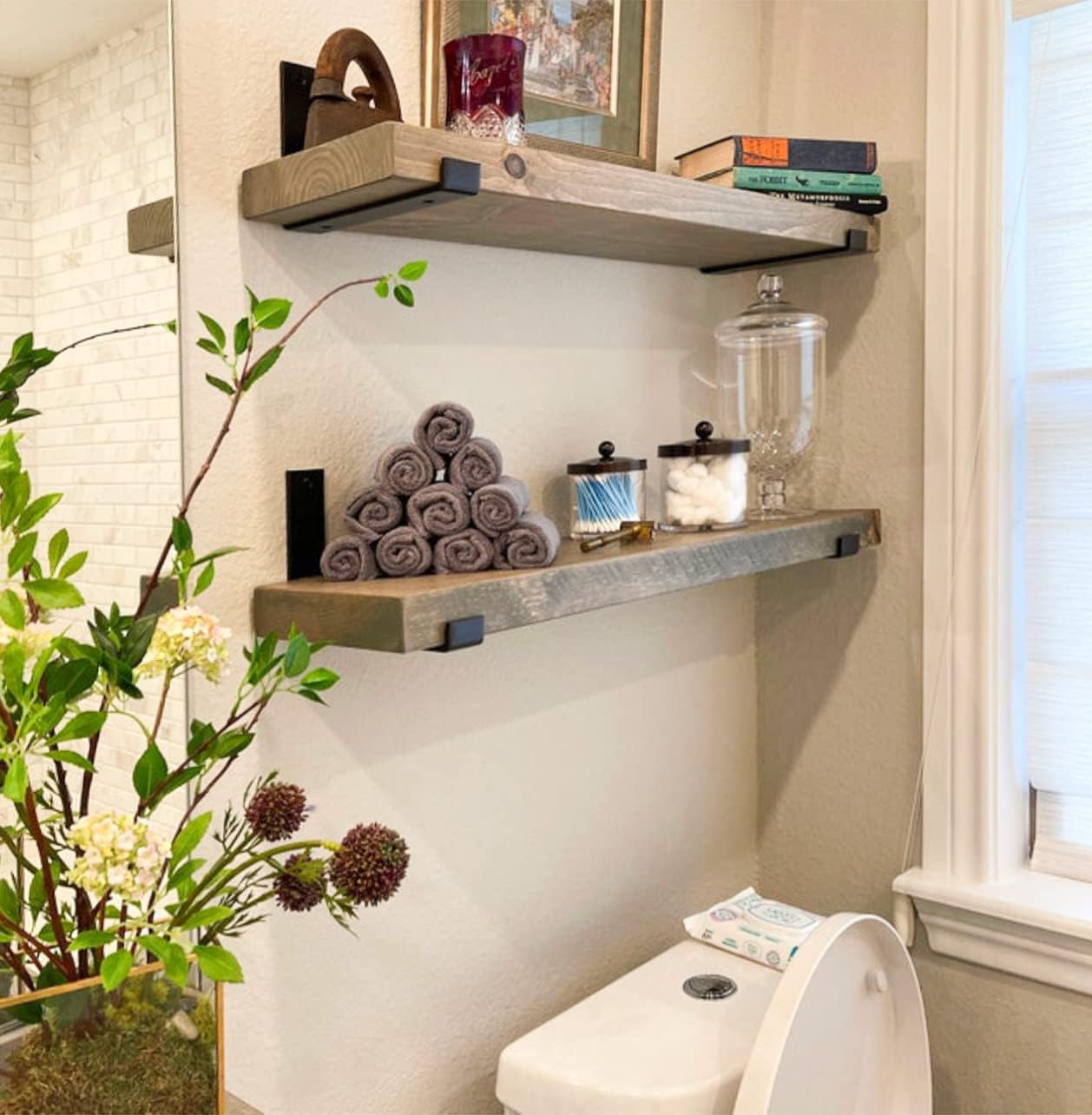 Rustic Shelves with J-Brackets Set of 2, Industrial Shelf, Kitchen Shelves, Solid Wood, Decorative Wall Storage, Heavy Duty, URBANDI (Grey, 24Wx6D)