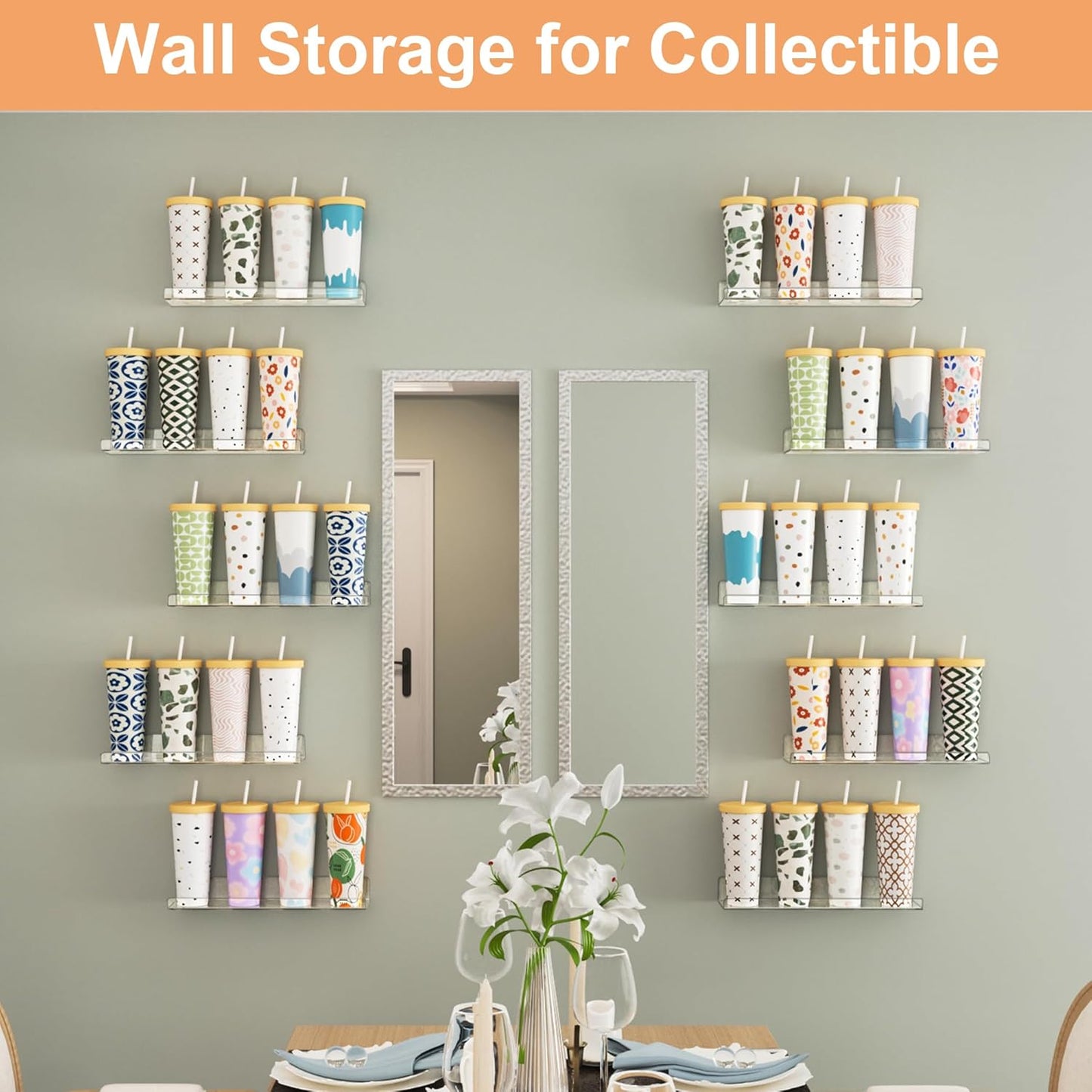 upsimples 10 Pack Acrylic Shelves Wall Organizer and Storage, 15" Display Shelf for Figure, Toy Cars, Perfume, Kids Bookshelf for Bedroom, Nursery, Craft Room, Clear