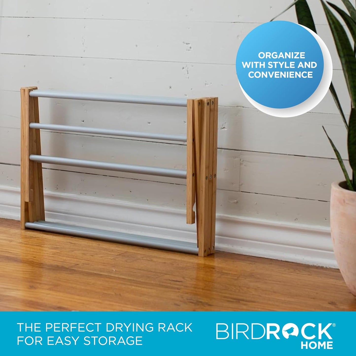 BirdRock Home Wooden Clothes Drying Rack | 3-Tier Foldable Bamboo Laundry Stand | Water-Resistant, Fully Assembled, Collapsible Indoor/Outdoor Dryer for Hanging Clothes | Grey