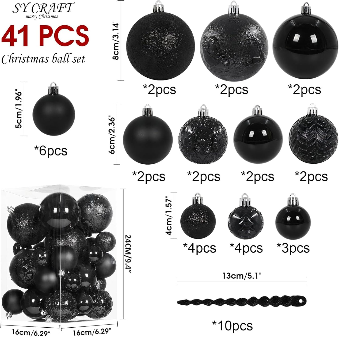 Black Christmas Ball Ornaments for Christmas Trees Decorations - 41 Pieces Halloween Tree Shatterproof Ornaments with Hanging Loop for Holiday and Halloween Decorations