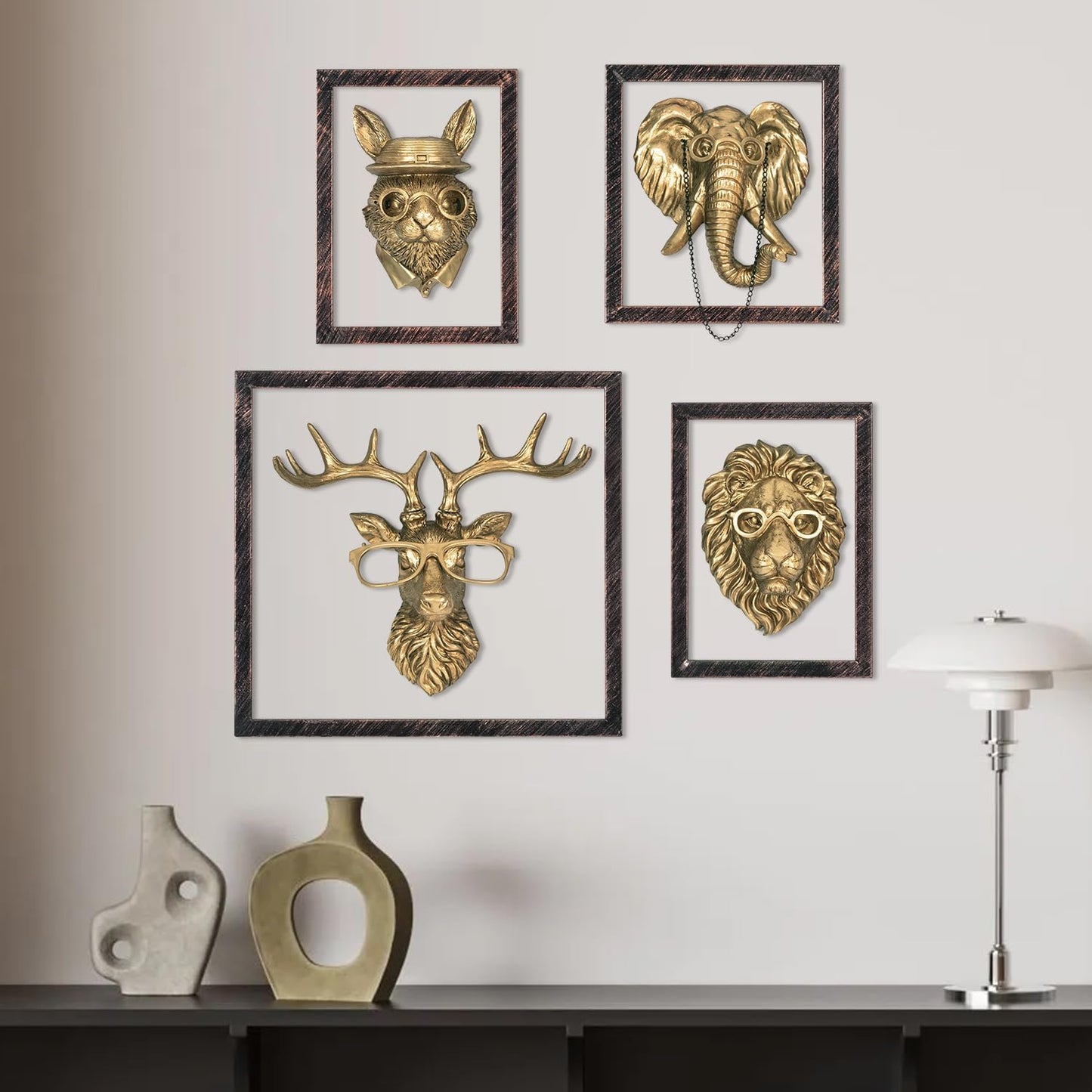 HUYIENO 4PK Animal Head Wall Decor with Metal Frame Flower Vase Gold Handcrafted Hanging Home Decor Sculptures for Living Room Bedroom