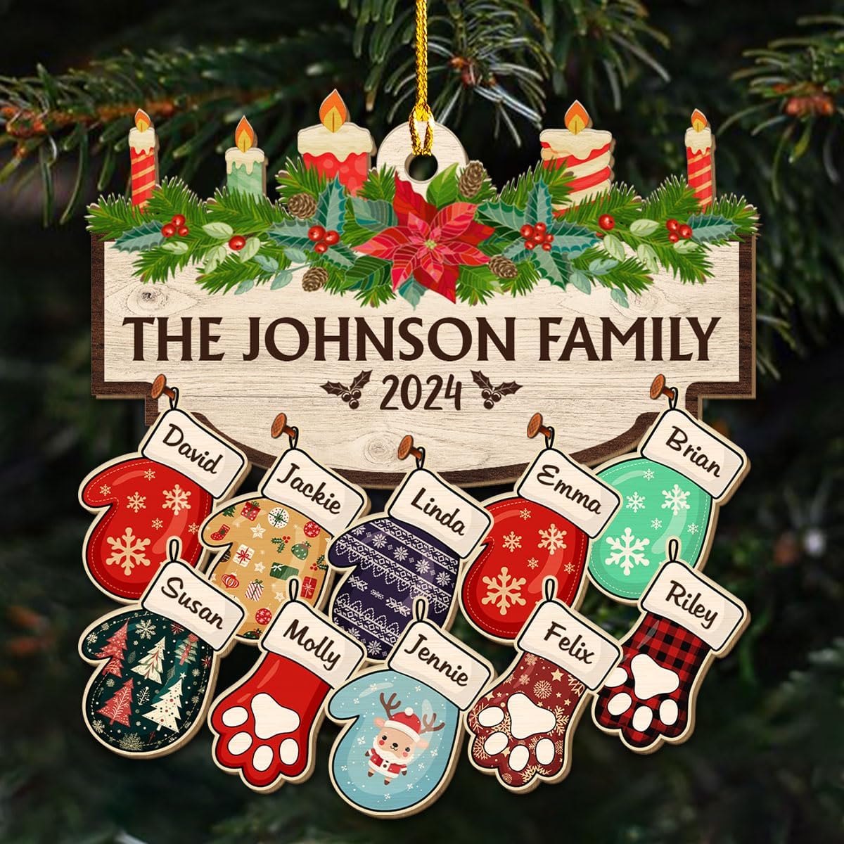 Family with Pet Ver 2 - Personalized Custom Wood Ornament, Family Gloves Christmas Ornament 2024, Xmas Ornament Gifts for Family Tree Decoration (A06, 7 Names)