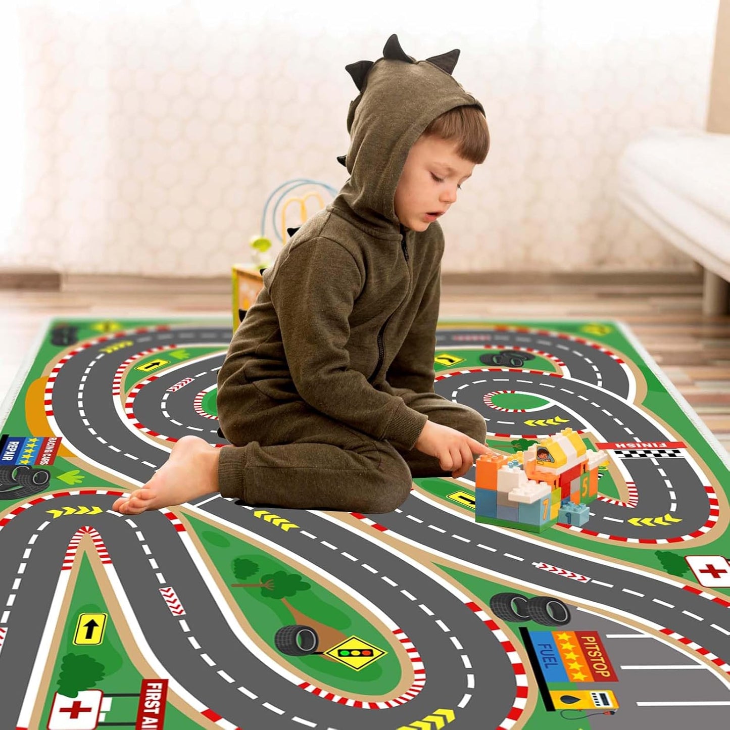 Kids Rug Play Mat Playroom Rugs Car Rugs for Kids Toy Cars Race Track for Classroom Rug(Race-Green, 6.6x9.9ft)