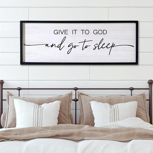 Give It to God and Go to Sleep Decorative Rustic Sign & Plaque Framed Wall Art for Couples, 40''×15'' Cottagecore Wooden Horizontal Wall Decor Above Bed, Vintage Farmhouse Wedding Gift for Bedroom