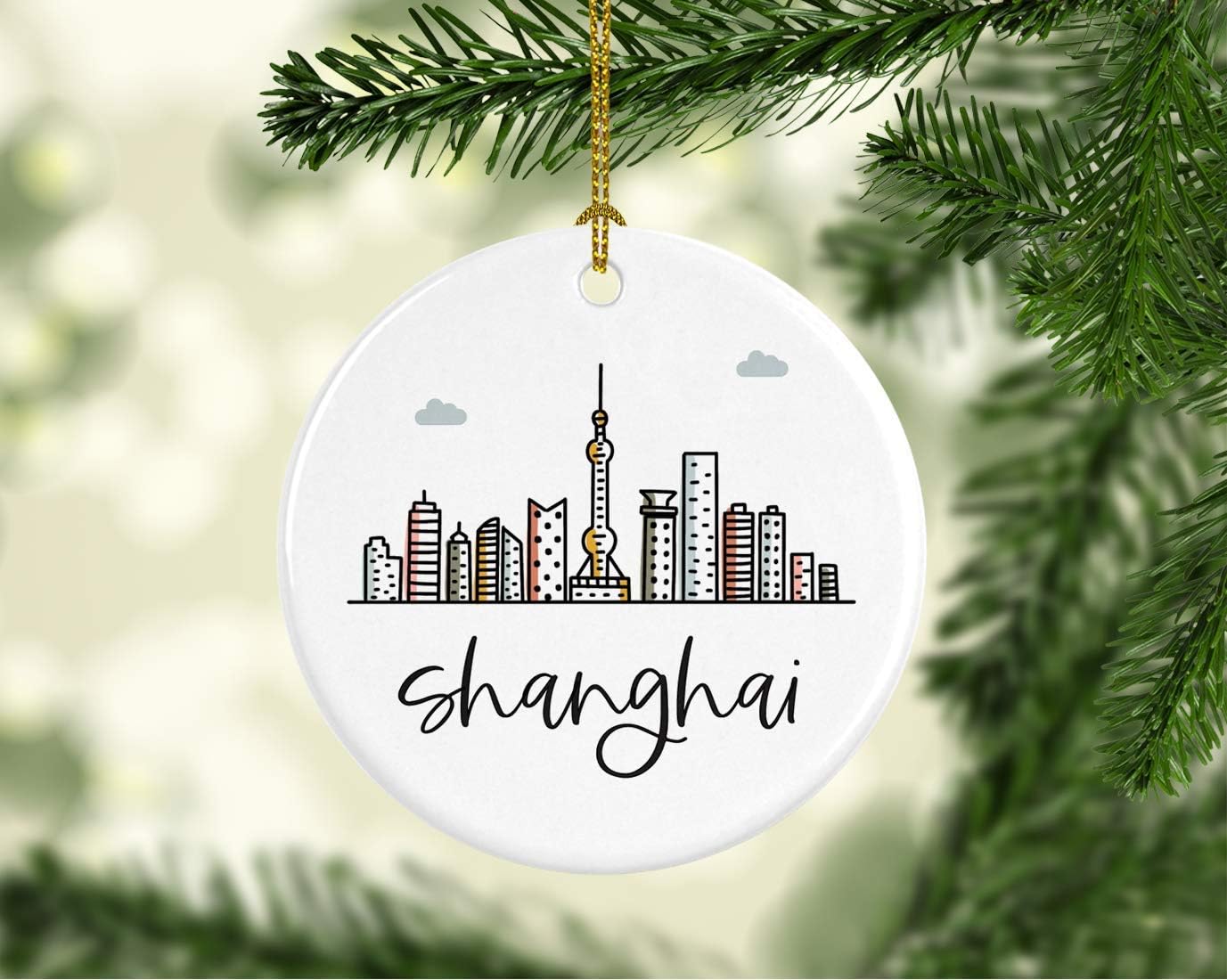 Andaz Press Round Ceramic Porcelain Christmas Tree Ornament Keepsake Gift, Shanghai, Colorful International City Skyline Graphic, 1-Pack, Birthday Ideas Family Coworker Him Her, Gift Box