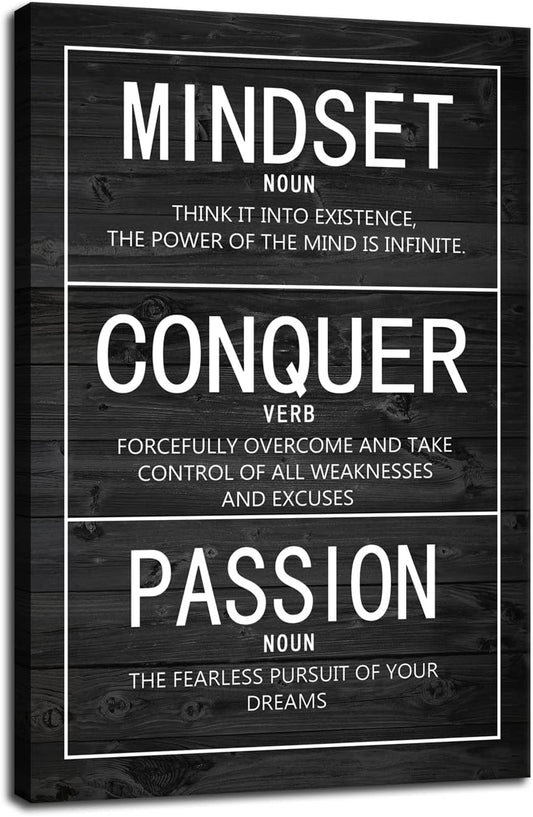 Inspirational Poster Passion Mindset Conquer Motivational Canvas Wall Art Paintings Inspiration Artwork Living Room Office Prints Wall Decor Decoration Wooden Framed Ready to Hang [24''Wx 36''H]