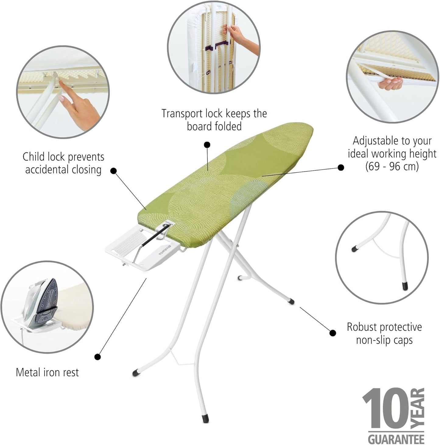 Brabantia Size A Compact Small Ironing Board (43x12 in) 7 Height Options, Adjustable Steam Iron Rest Holder (Calm Rustle) Non-Slip Feet, Anti-Collapse Child Locks
