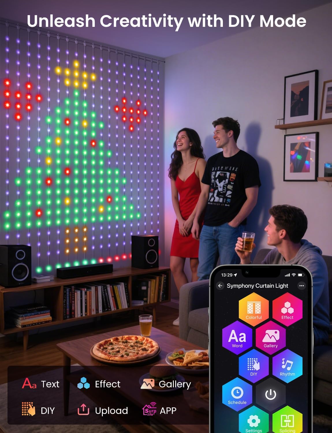 Smart LED Curtain Lights, RGB+IC Color Changing Holiday Wall Lights, 3.3x3.3ft 400 LEDs, Indoor Dynamic DIY String Lights, APP Remote Control, for Bedroom, Living Room, Window Decor, Party, Wedding