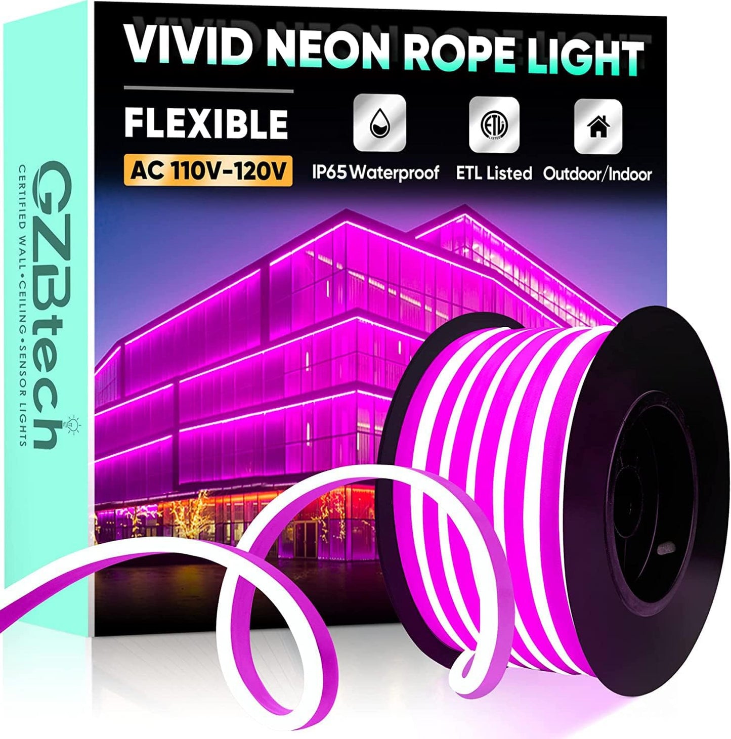 GZBtech Flexible LED Neon Rope Lights 33FT,AC 110-120V Waterproof Strip Light, 120 LEDs/M Cuttable Connectable Neon Lighting for Indoor Outdoor Home Decor/Commercial Building Use-Pink 10M