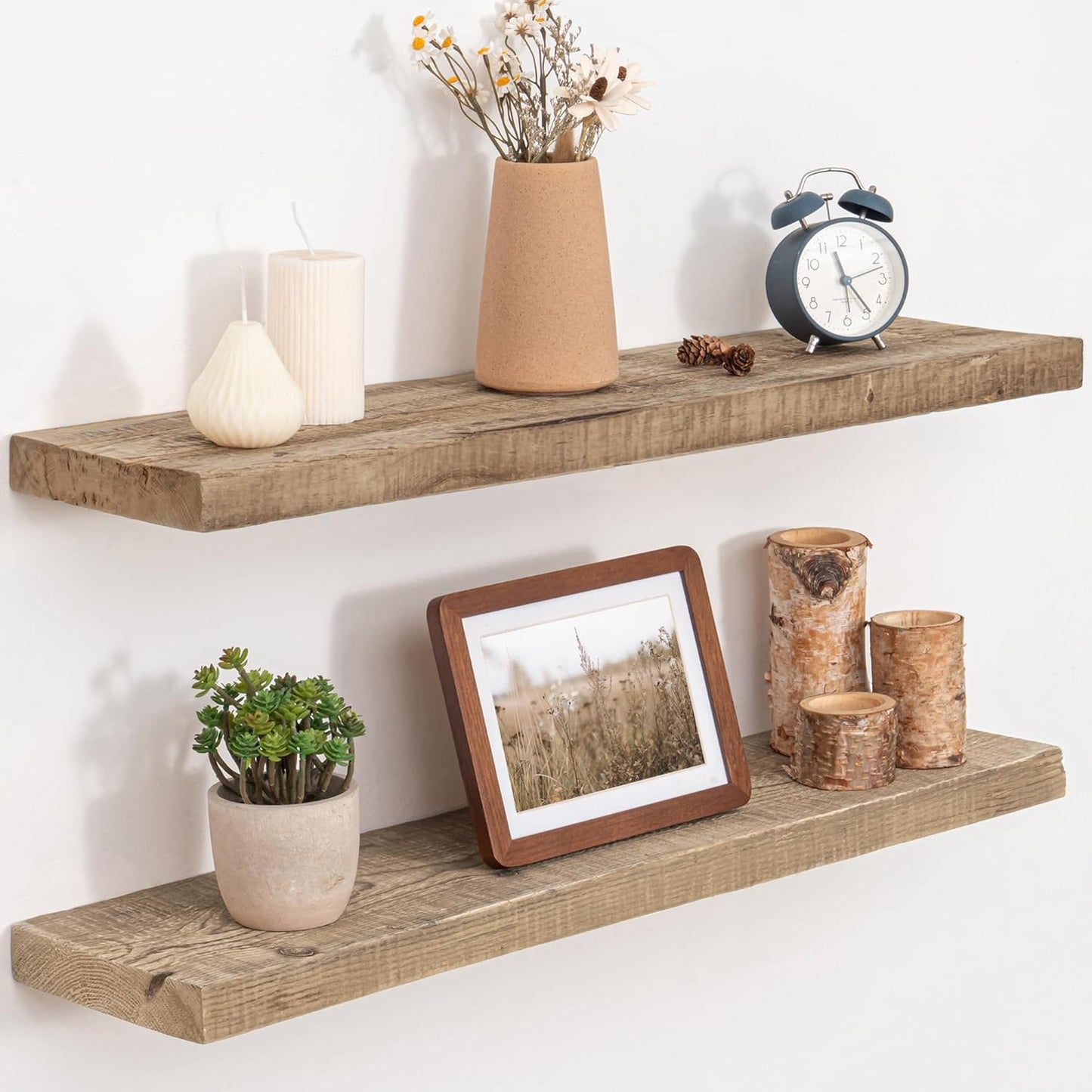 Floating Shelves, 8 Inch Deep Rustic Solid Reclaimed Wood Wall Shelves for Storage, Wall Mounted Display Shelving with Invisible Heavy-Duty Metal Bracket, 30 Inch Width Set of 2, Natural