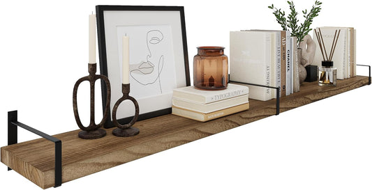 Wallniture Toledo 72 inch Floating Shelf with Heavy Duty Bookend Brackets, Wooden Shelves for Wall, 1pc, Burnt Finish